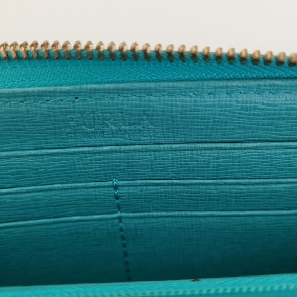 Furla Italian Zip Around Wallet Large Geniue Leather Tiffany Blue Designer Logo - Picture 5 of 10